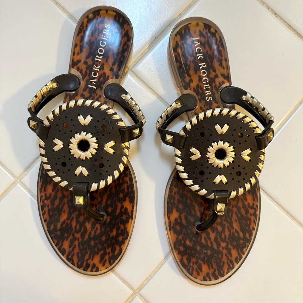 Jack Rogers Black and Brown Sandals with Distinctive Medallion Design